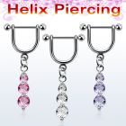 bber13 316l steel helix barbell with dangling 3 prong cz