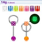 bbgldisl 316l steel tongue barbell glow in the dark dice w ring