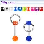 bbuvdisl 316l steel tongue barbell w uv dice top w slave ring