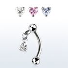 bnerv6 316l steel eyebrow banana w 3mm ball heart prong cz