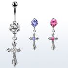 bnrz379 casted steel cz belly banana w vintage style cross w cz