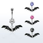 bnrz569 casted steel cz belly banana w dangling black bat