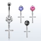 bnrz757 casted steel cz belly banana w plain small steel cross