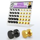 dacb104 display 40 plugs falsos acero anodizado negro dorado anillo goma distribuidor