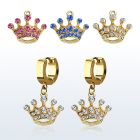 erg703 gold steel huggies earrings w dangling crystal crown