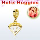 gold stainless steel huggies w a diamond shaped dangling