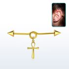 gold steel industrial loop barbell w cone & ankh cross