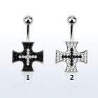 mcd419b steel belly banana w two color multi crystal iron cross