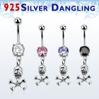 mcdvd28 steel belly banana w cz silver skull with crossed bones