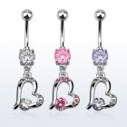 mcdz362 316l steel belly banana w dangling heart w cz stone