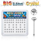 nb19cx box of silver nose bones w big 2 5mm clear crystal tops