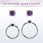 nhge1 silver nose ring w a 2mm amethyst in casting prong set