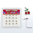 nsch16 box of silver nose studs w crystal cherries with leaves