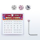 nszbm box of silver nose studs with assorted color prong cz