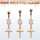 rose gold steel belly banana w cz & dangling ankh cross 