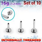 xlb16gin surgical steel labret posts w internal threading, 1.2mm