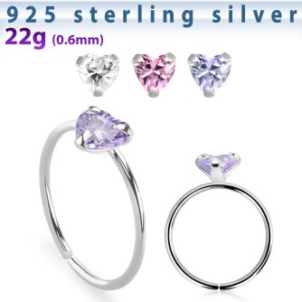 agzhm22 silver seamless nose ring 22g heart color cz