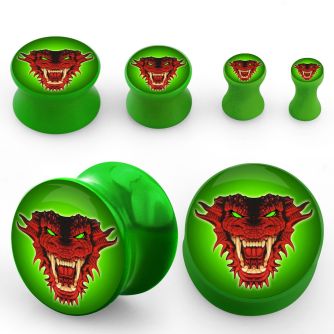 apgdrg dilatacion plug doble flare acrilico verde veneno logo dragon rojo fondo verde veneno mayorista