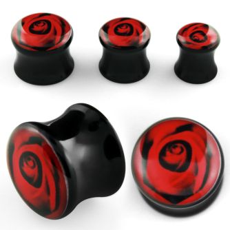 apgii black acrylic double flared plug with red rose logo