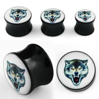 apgll black acrylic double flared plug with fierce wolf logo