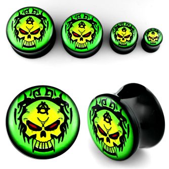 apgww acrylic double flared plug with evil looking skull logo