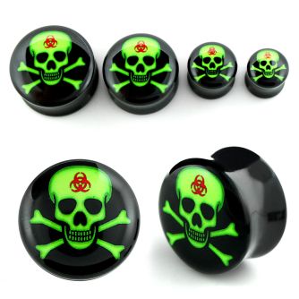 apgxx dilatacion plug doble flare acrilico negro calavera verde toxica huesos cruzados rojo fondo negro distribuidor mayorista