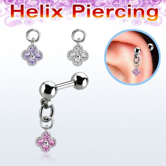 bber76 steel helix barbell w dangling flower w prong set czs 