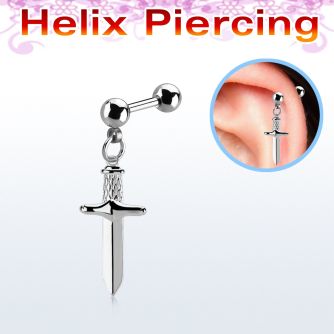 bber84 316l steel helix barbell 16g w dangling dagger