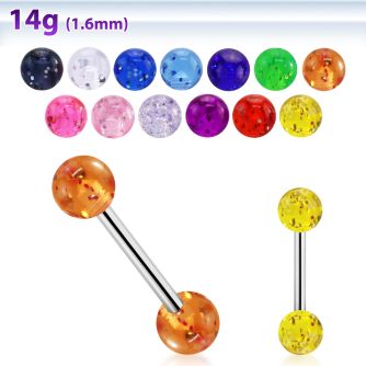 bbgt 316l steel tongue barbell with 6mm acrylic glitter ball