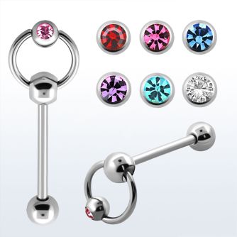 bbslc 316l steel tongue barbell w ball ring bezel jewel