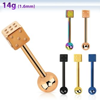 bbtdi anodized 316l steel tongue barbell w dice steel ball