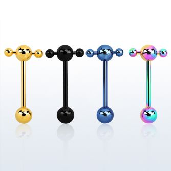bbtspn anodized 316l steel tongue barbell w spinner bar w balls