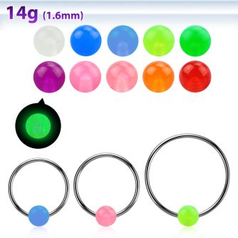 bcrgl6l xxl 316l steel bcr, 14g w 6mm glow in the dark ball