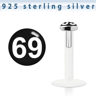 bilg24 labret bio flexible transparente plata esterlina presion 3mm logo blanco 69 fondo negro mayorista