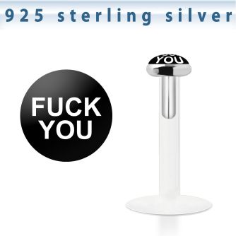 bilg27 labret bio flexible transparente plata esterlina presion 3mm logo las letras fuck you blancas fondo negro distribuidor