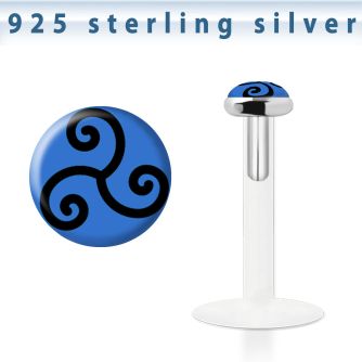 bilg46 labret bio flexible transparente plata esterlina presion 3mm logo triskele negro fondo azul mayorista