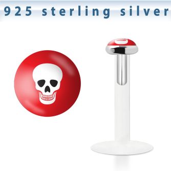 bilg52 labret bio flexible transparente plata esterlina presion 3mm logo calavera blanca fondo rojo venta