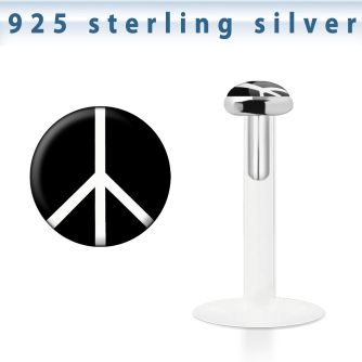 bilg53 labret bio flexible transparente plata esterlina presion 3mm logo paz blanco fondo negro mayorista