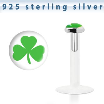 bilg57 labret bio flexible transparente plata esterlina presion 3mm logo trebol verde fondo blanco al por mayor
