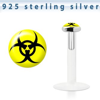 bilg58 labret bio flexible transparente plata esterlina presion 3mm logo bio peligro fondo amarillo al por mayor