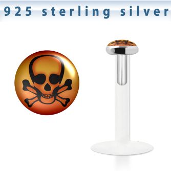 bilg6 labret bio flexible transparente plata esterlina presion 3mm logo calavera huesos fondo ardiente en llamas distribuidor