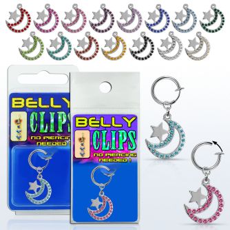 blcp723 fake belly clip w a dangling moon w the star w crystals 