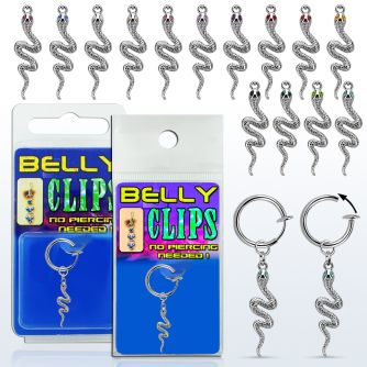 blcp728 fake belly clip w dangling snake w crystals at the eyes 