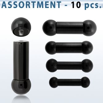 blk389 surtido piercings 10 barbells lengua acero 316l pvd negro bolas rosca interna distribuidor