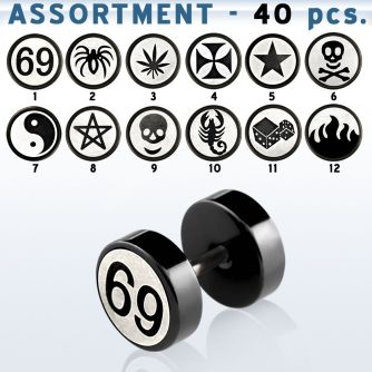 blk434 surtido piercings 40 plugs falsos variados acero quirurgico anodizado negro disenos variados 8mm mayorista