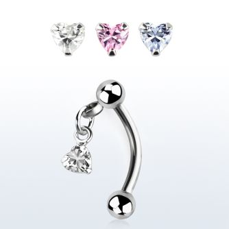 bnerv6 316l steel eyebrow banana w 3mm ball heart prong cz