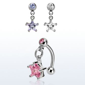 bnerzs6 steel eyebrow banana w dangling cz star 