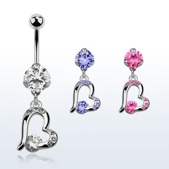 bnrz362 casted steel cz belly banana w heart w a prong set cz