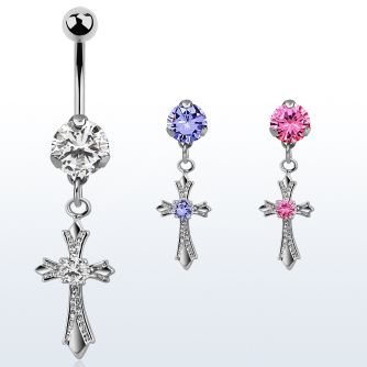 bnrz379 casted steel cz belly banana w vintage style cross w cz