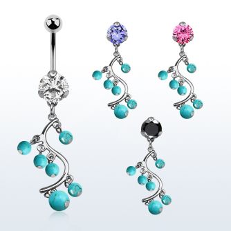 bnrz695 casted steel cz belly banana w vine faux turquoise balls